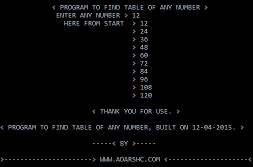 Home Page of table Program