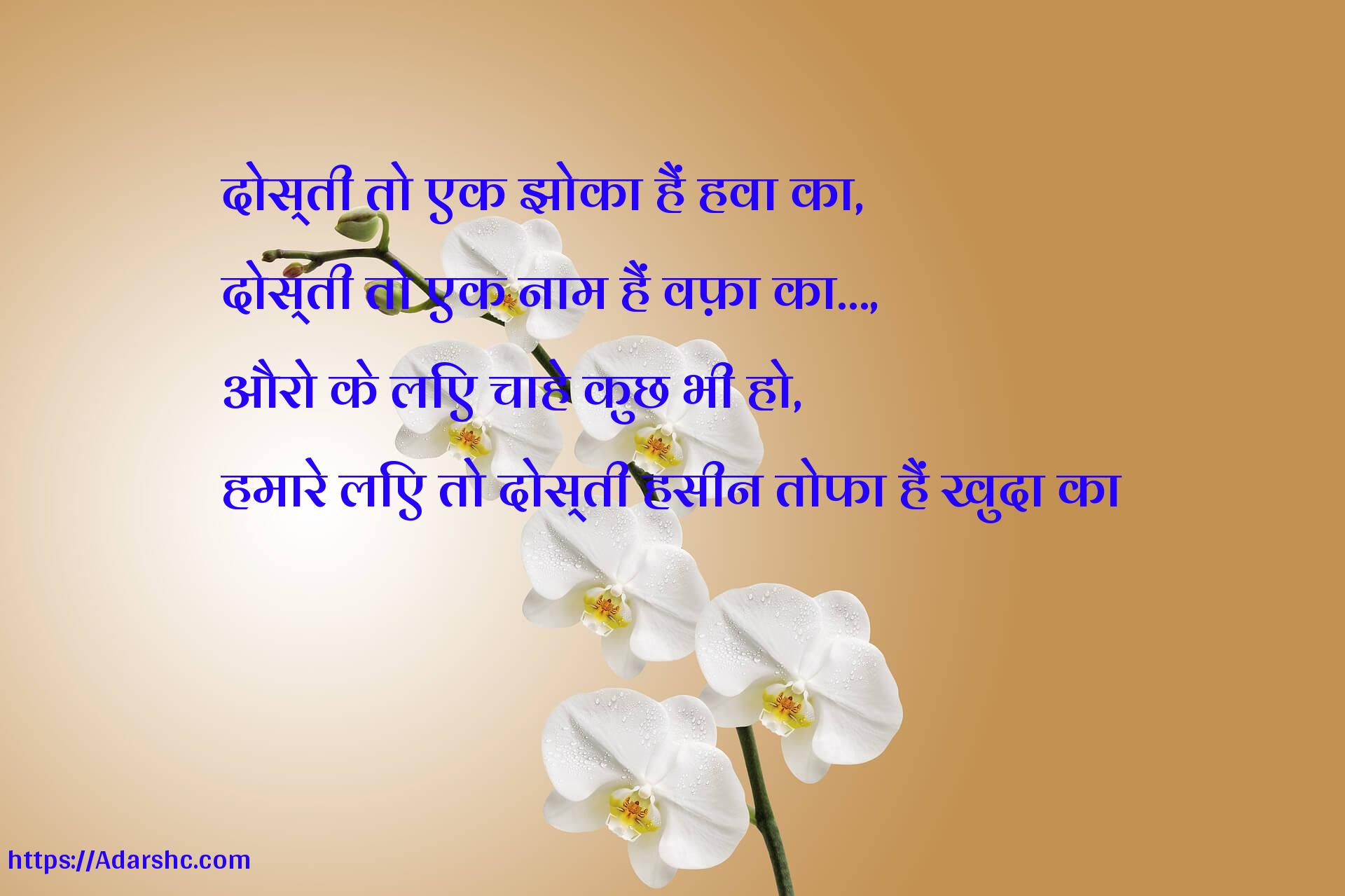 दोस्ती तो एक झोका हैं हवा का,
दोस्ती तो एक नाम हैं वफ़ा का…,
औरो के लिए चाहे कुछ भी हो,
हमारे लिए तो दोस्ती हसीन तोफा हैं खुदा का