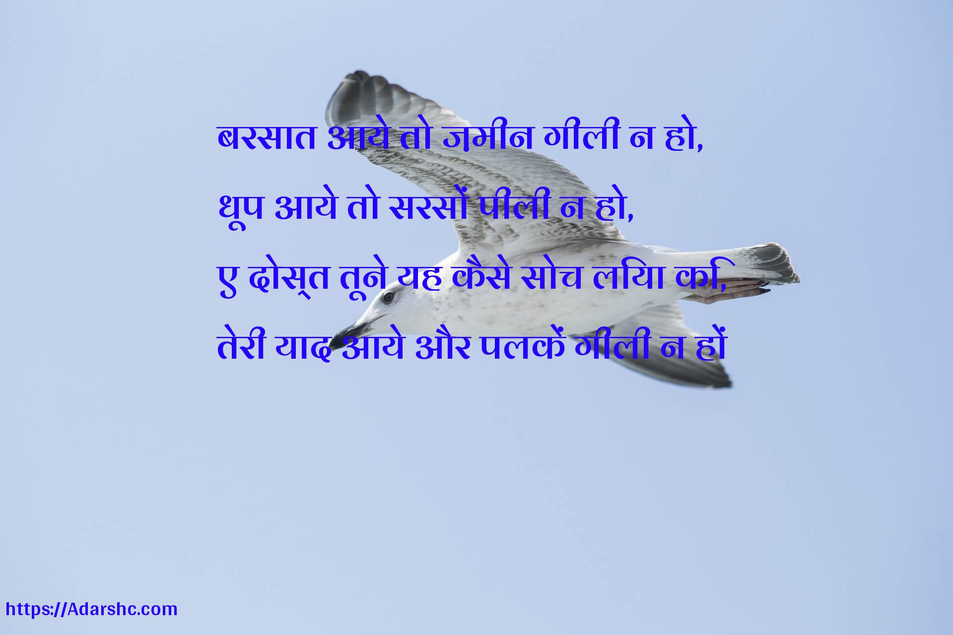 बरसात आये तो ज़मीन गीली न हो,
धूप आये तो सरसों पीली न हो,
ए दोस्त तूने यह कैसे सोच लिया कि,
तेरी याद आये और पलकें गीली न हों