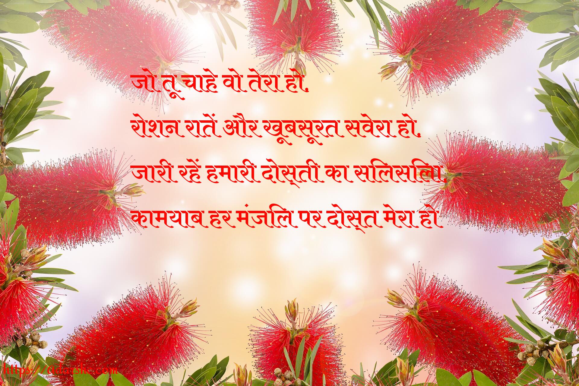 जो तू चाहे वो तेरा हो,
रोशन रातें और खूबसूरत सवेरा हो,
जारी रहें हमारी दोस्ती का सिलसिला,
कामयाब हर मंजिल पर दोस्त मेरा हो