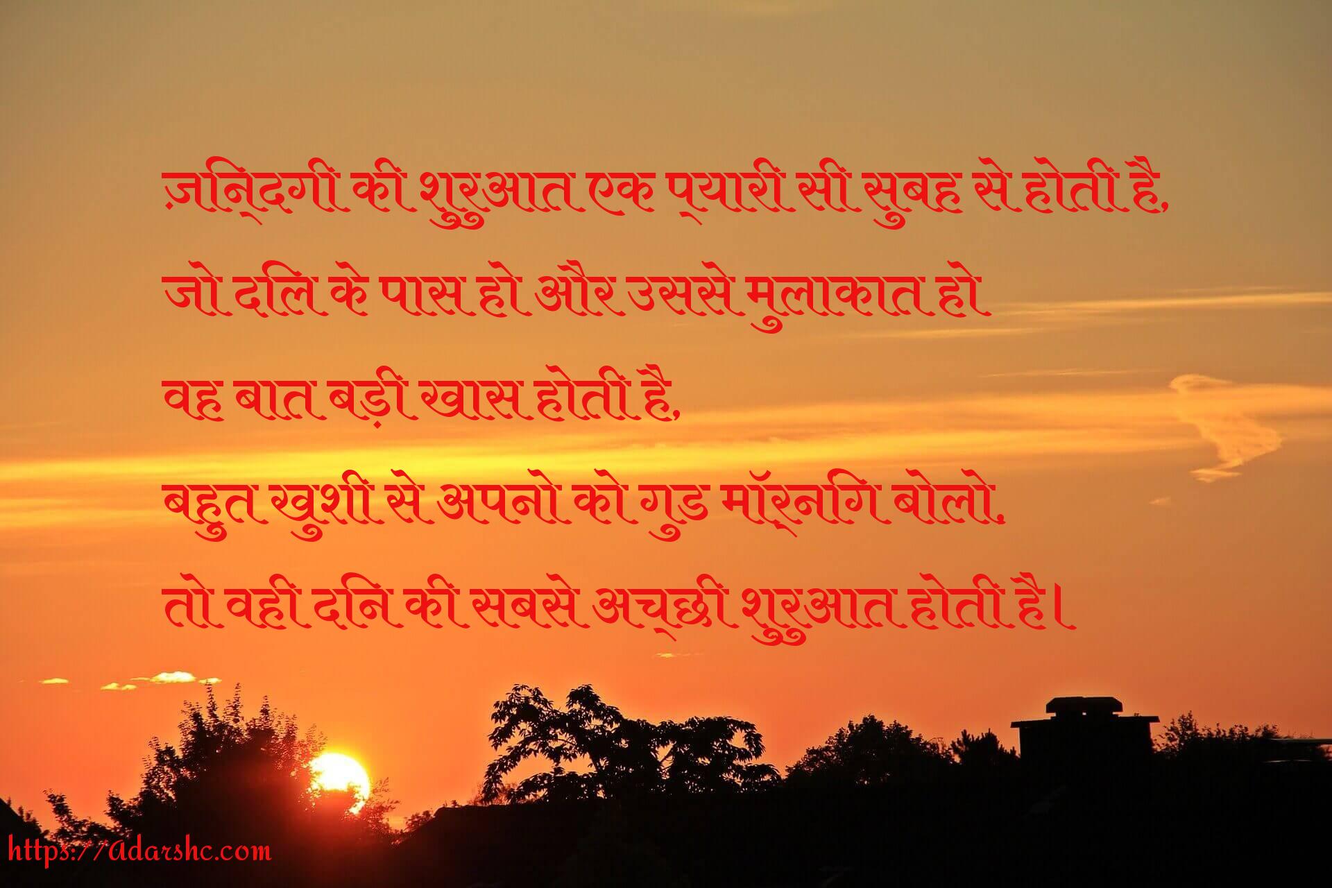 ज़िन्दगी की शुरुआत एक प्यारी सी सुबह से होती है,
जो दिल के पास हो और उससे मुलाकात हो 
वह बात बड़ी खास होती है,
बहुत खुशी से अपनो को गुड मॉर्निंग बोलो,
तो वही दिन की सबसे अच्छी शुरुआत होती है।