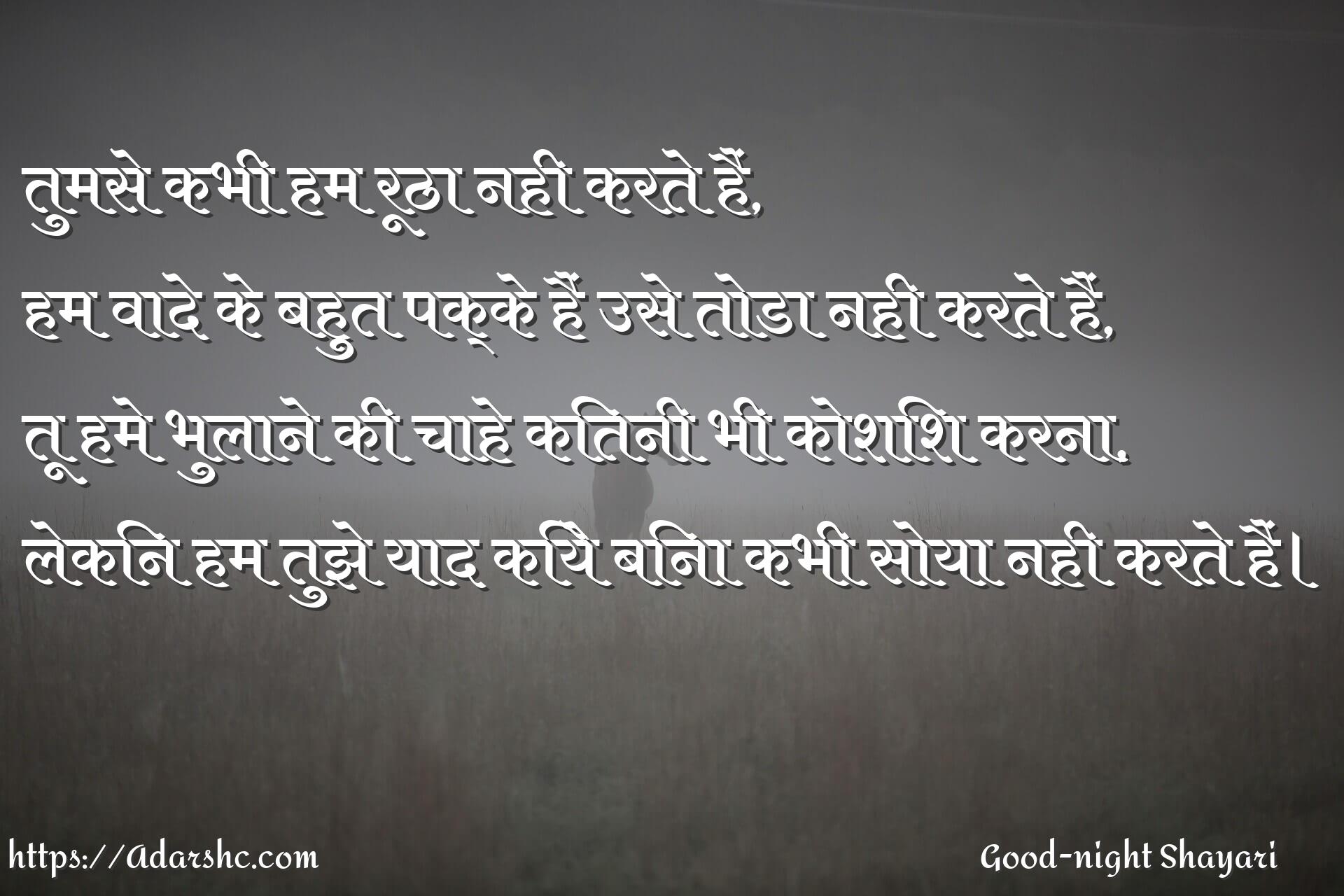 तुमसे कभी हम रूठा नही करते हैं,
हम वादे के बहुत पक्के हैं उसे तोडा नही करते हैं,
तू हमे भुलाने की चाहे कितनी भी कोशिश करना,
लेकिन हम तुझे याद किये बिना कभी सोया नही करते हैं।